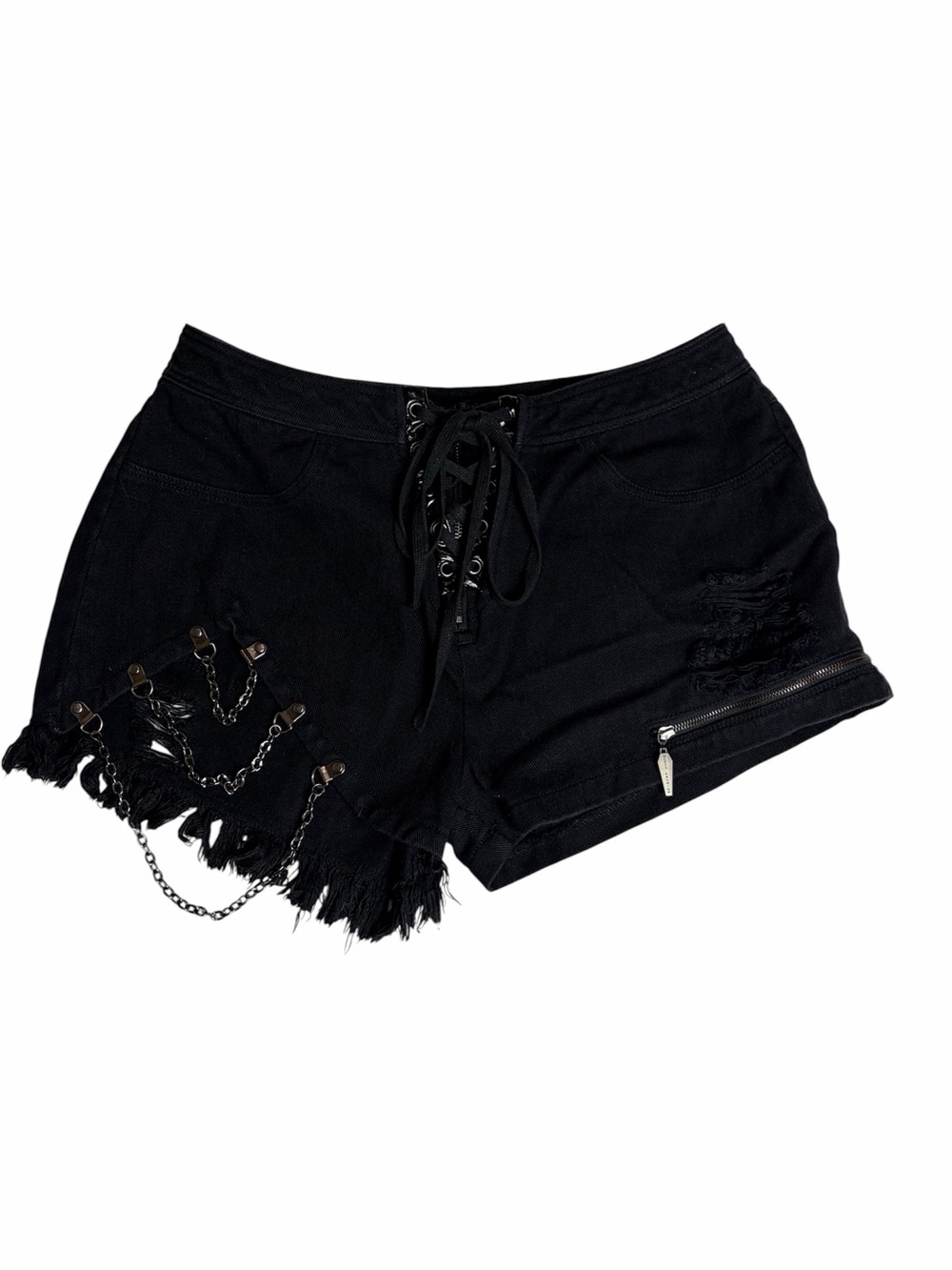 Devil Fshion black distressed  denim shorts with chains & zipper size 8